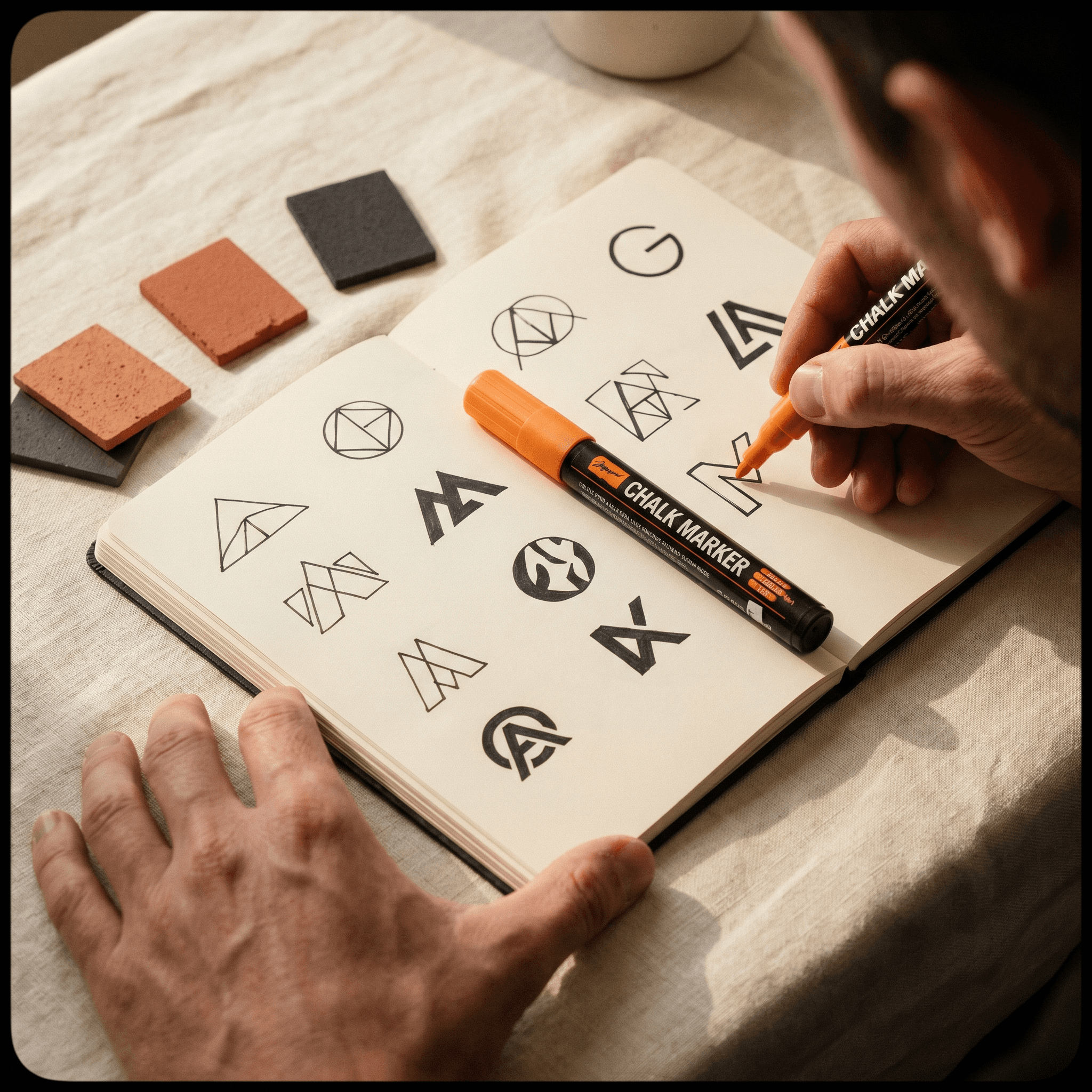 Merkbord met kleurenpalet, typografie en logo-varianten uitgestald op een werkbank